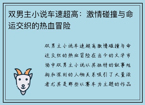 双男主小说车速超高：激情碰撞与命运交织的热血冒险